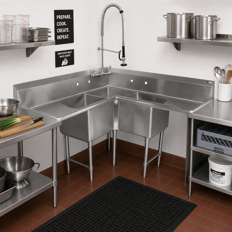 Product image #2 for John Boos Pro-Bowl 3-Compartment Corner Stainless Steel Sink with Dual 36-Inch Drainboards
