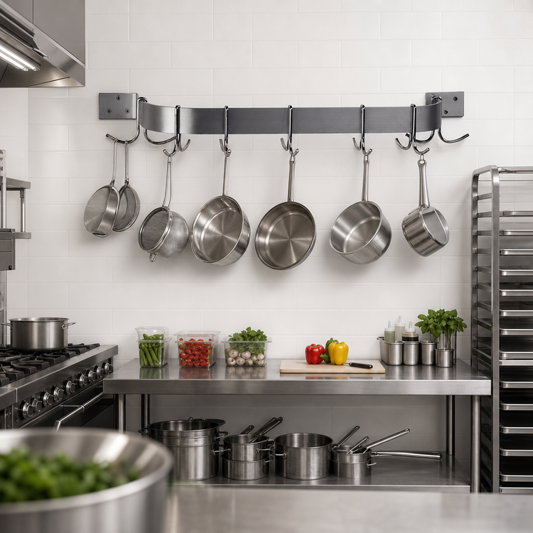 Product image #2 for Advance Tabco Wall-Mounted Single-Bar Stainless Steel Pot Rack, 72-Inch, 9 Double Hooks