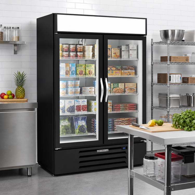 Product image #2 for Beverage-Air MarketMax Two-Section Hinged Glass Door Merchandiser Freezer, 46.2 Cu. Ft., Black, Bottom Mount