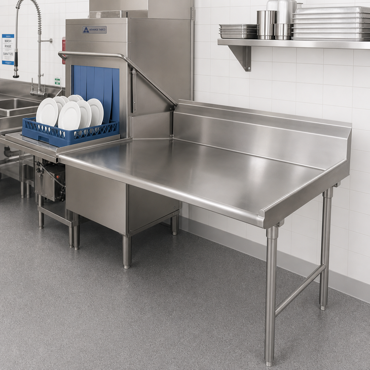 Product image #2 for Advance Tabco Straight Right-Attach Dish Table with 10-1/2" Backsplash, 95"W x 30"D, 16-Gauge 304 Stainless Steel