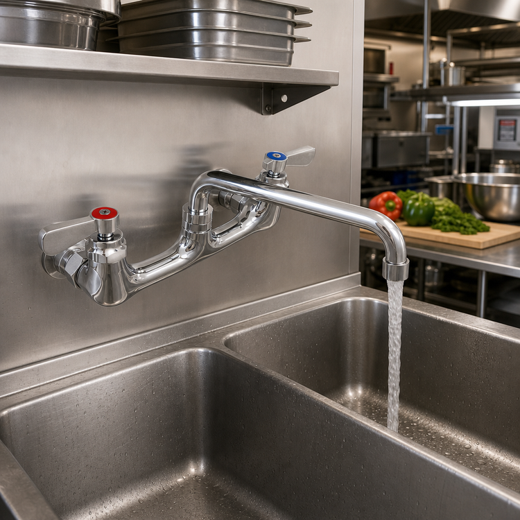 Product image #2 for Lead-Free Heavy Duty Splash Mount Commercial Faucet with 14-Inch Swing Spout, 8-Inch Centers, Chrome Finish