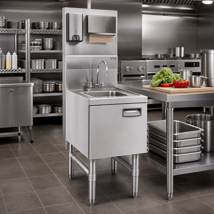 Product image #2 for Eagle Spec-Bar 18-Inch Wide Freestanding Underbar Hand Sink with Front Door, Soap Dispenser, Paper Towel Dispenser, and T&S Faucet