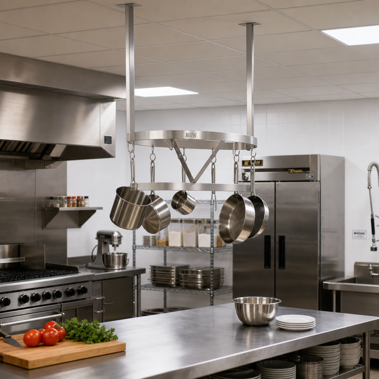 Product image #2 for John Boos Boat-Shaped Ceiling-Mount Stainless Steel Pot Rack with 9 Double Hooks, 31-1/4 x 18-1/8 x 48 Inches