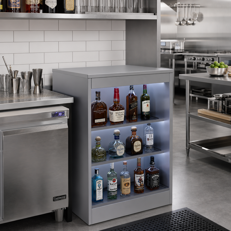 Product image #2 for Glastender 24-Inch Wide Back Bar Liquor Display Cabinet with Open Front and LED Lighting