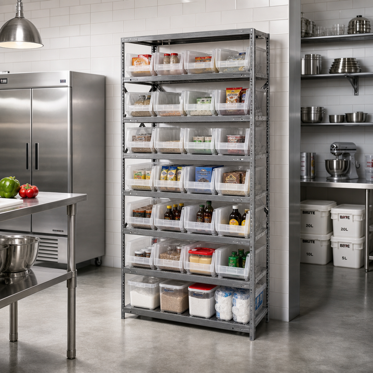 Product image #2 for Quantum Heavy-Duty Stationary Wire Shelving Unit with 8 Shelves and 28 Clear Bins, 36 x 24 x 75 Inches