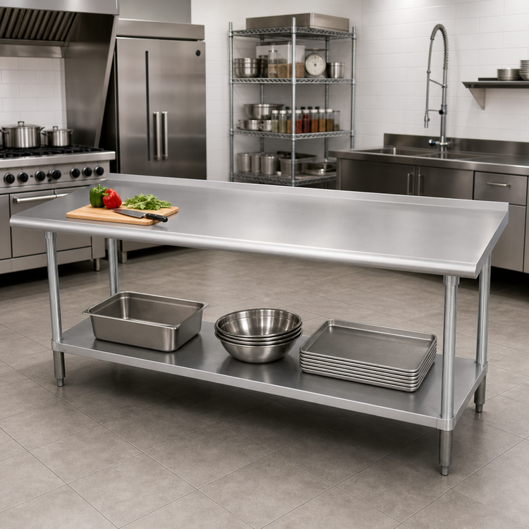 Product image #2 for Advance Tabco Stainless Steel Work Table, 144 x 30 Inches, with 1-1/2-Inch Rear Up-Turn and Adjustable Undershelf