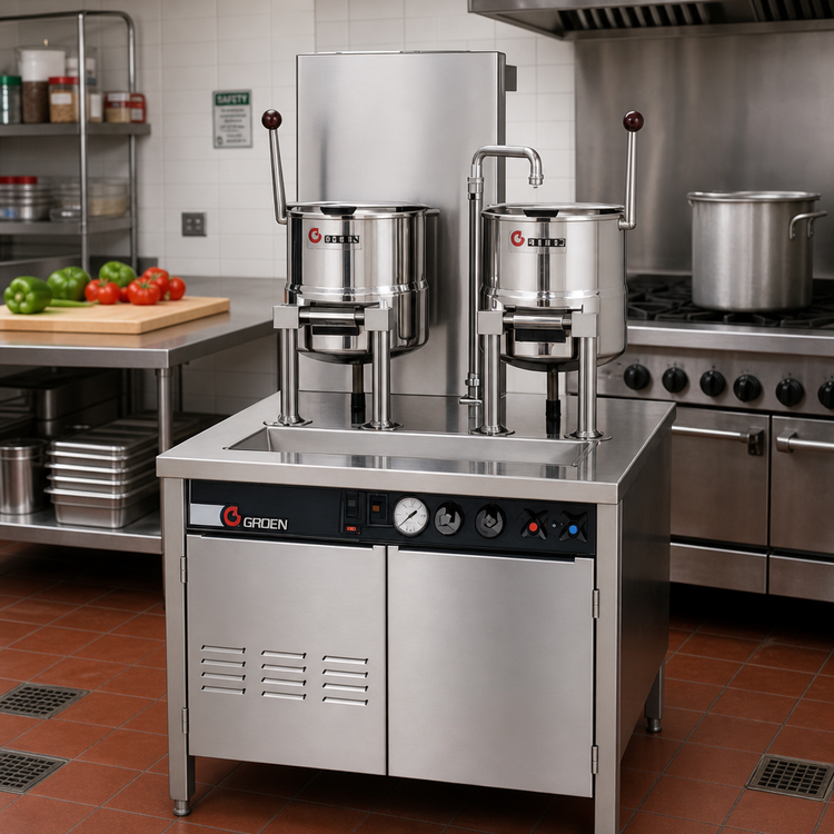 Product image #2 for Groen Direct Steam Kettle Cabinet Assembly with (2) 20-Quart Hand-Tilt Kettles and 36-Inch Stainless Steel Cabinet