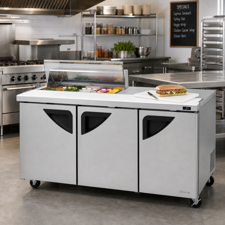 Product image #2 for Turbo Air Super Deluxe Three-Section Refrigerated Sandwich/Salad Prep Table with Clear Top and 10-Pan Opening