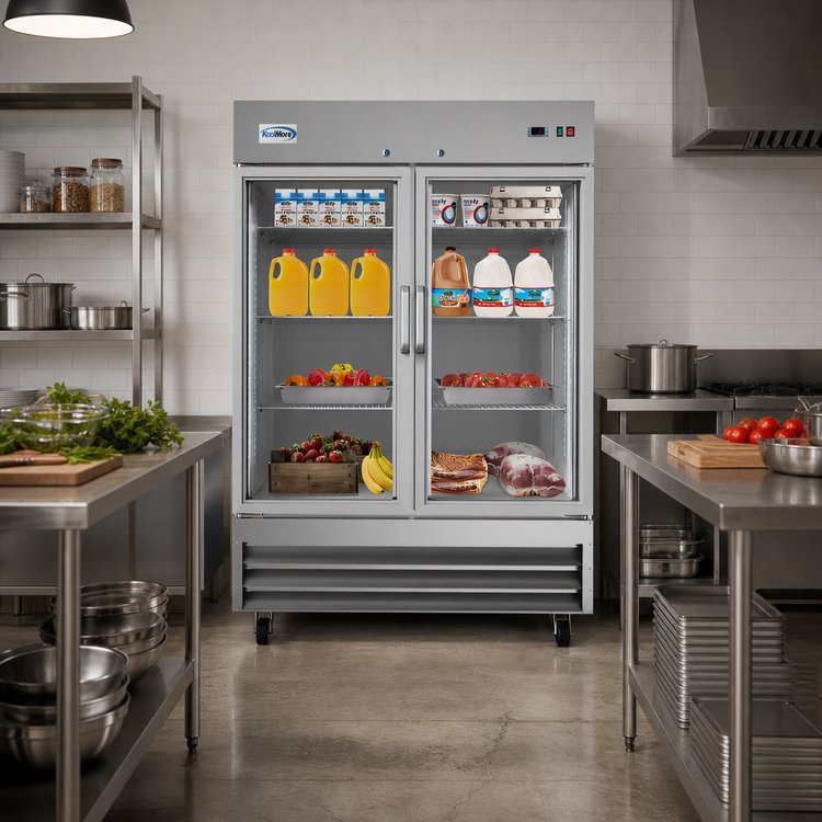 Product image #2 for KoolMore 54-Inch Two-Section Glass Door Reach-In Refrigerator, 47 Cu. Ft., Bottom-Mount Self-Contained, Stainless Steel