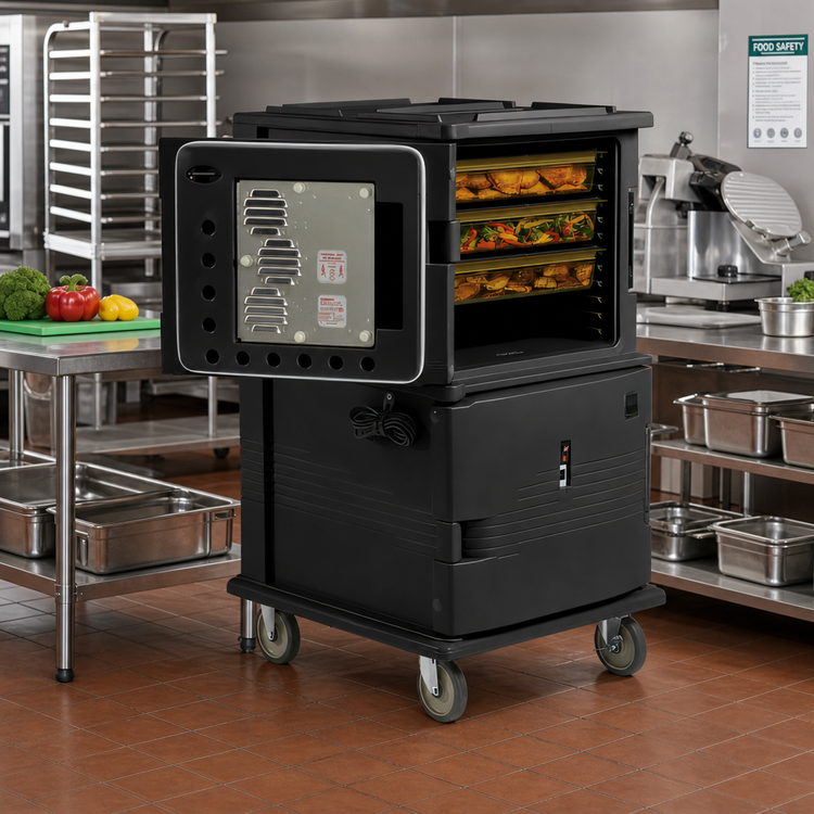 Product image #3 for Cambro Ultra Camcart® H-Series Heated Front-Loading Food Pan Carrier, 2-Compartment, 110V, Heavy-Duty Casters, Black