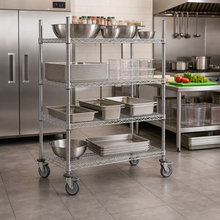Product image #2 for Advance Tabco Chrome-Plated Wire Stem Caster Cart with Rubber Casters, 4 Shelves, 24 x 48 Inches
