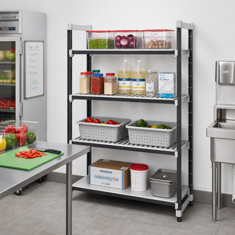 Product image #2 for Camshelving Elements XTRA 4-Tier Stationary Starter Polymer Shelving Unit, 54" W x 18" D x 64" H, 3 Vented + 1 Solid