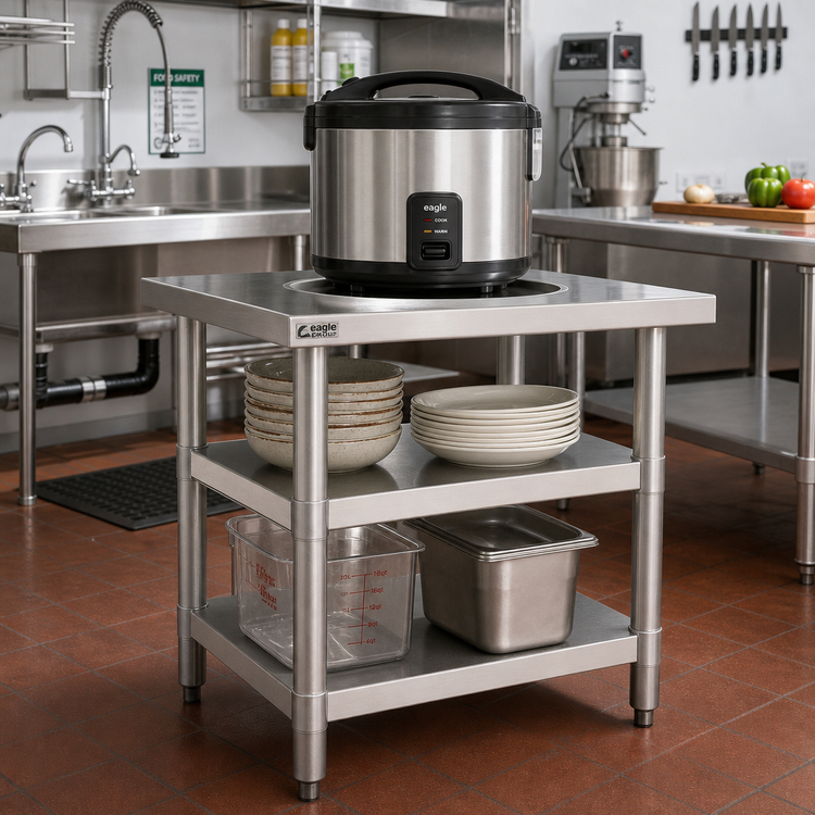 Product image #2 for Eagle Group Rice Cooker Equipment Stand with Cutout, 24 x 32 x 34-1/2 Inch, Stainless Steel Top, Dual Adjustable Undershelves