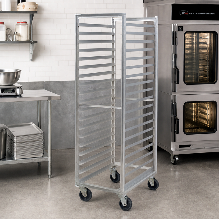 Product image #2 for Carter-Hoffmann 11-Pan Fixed Angle Pan Rack for 18 x 26 Trays, End Loading, Aluminum, 5-Inch Casters
