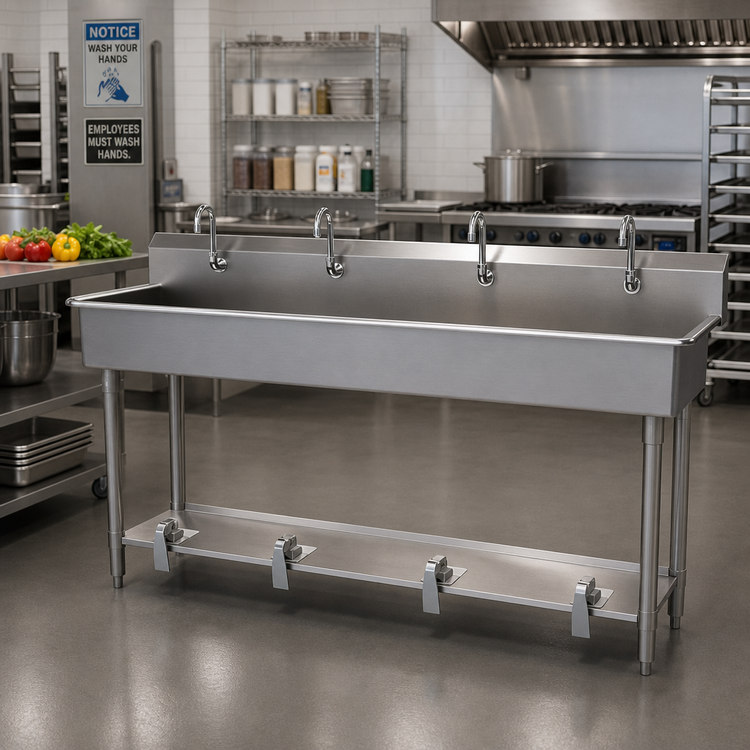Product image #2 for Advance Tabco Four-Station Freestanding Hand Wash Sink with Toe-Push Valves and Gooseneck Spouts, 80 Inch, 16 Gauge 304 Stainless Steel