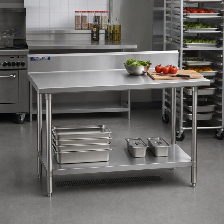 Product image #2 for Advance Tabco Premium Series 72 x 36 Inch Stainless Steel Work Table with 5-Inch Backsplash, 14-Gauge 304 Top, and Adjustable Undershelf