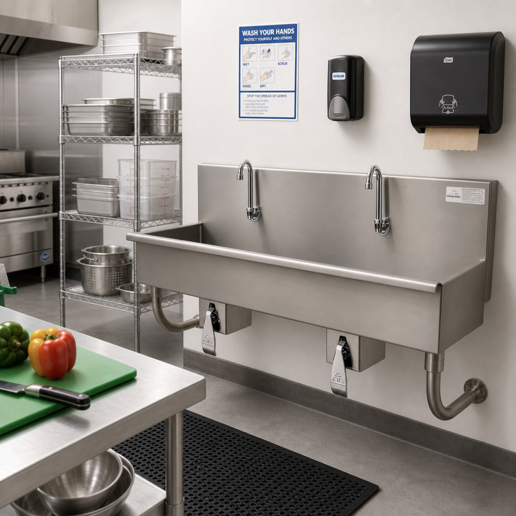 Product image #2 for Advance Tabco 40-Inch 2-Station Wall Mounted Knee-Operated Hand Wash Sink with Tubular Supports