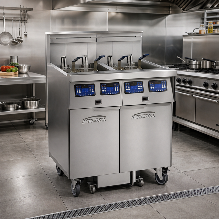 Product image #2 for Imperial Electric Floor Fryer with 4 Tanks, 50 lb. Each, Built-In Space Saver Filter System and Computer Controls