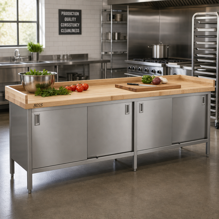 Product image #2 for John Boos Enclosed Base Wood Top Work Table with Sliding Doors, 120 x 24 Inches, Northern Hard Rock Maple Top and Stainless Steel Base