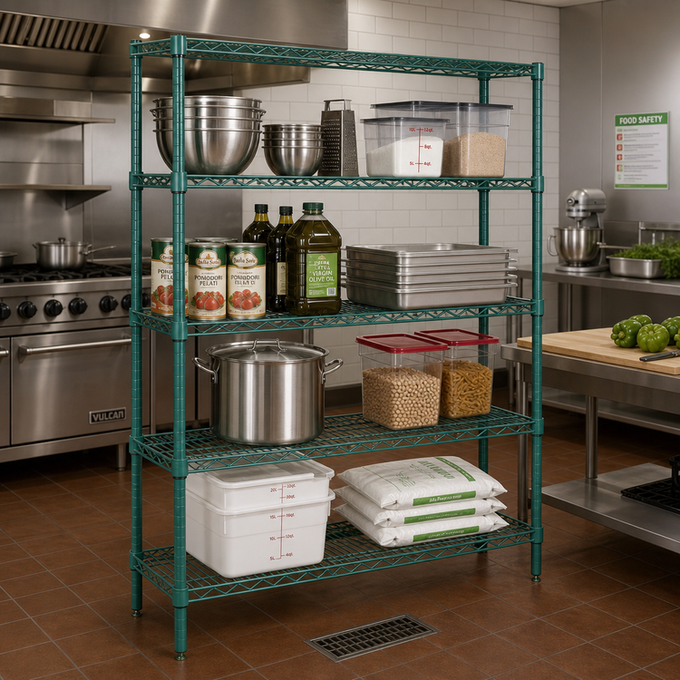 Product image #2 for Quantum 72 Inch x 12 Inch x 54 Inch Stationary Wire Shelving Starter Kit, 4 Shelves, Green Epoxy Antimicrobial Finish