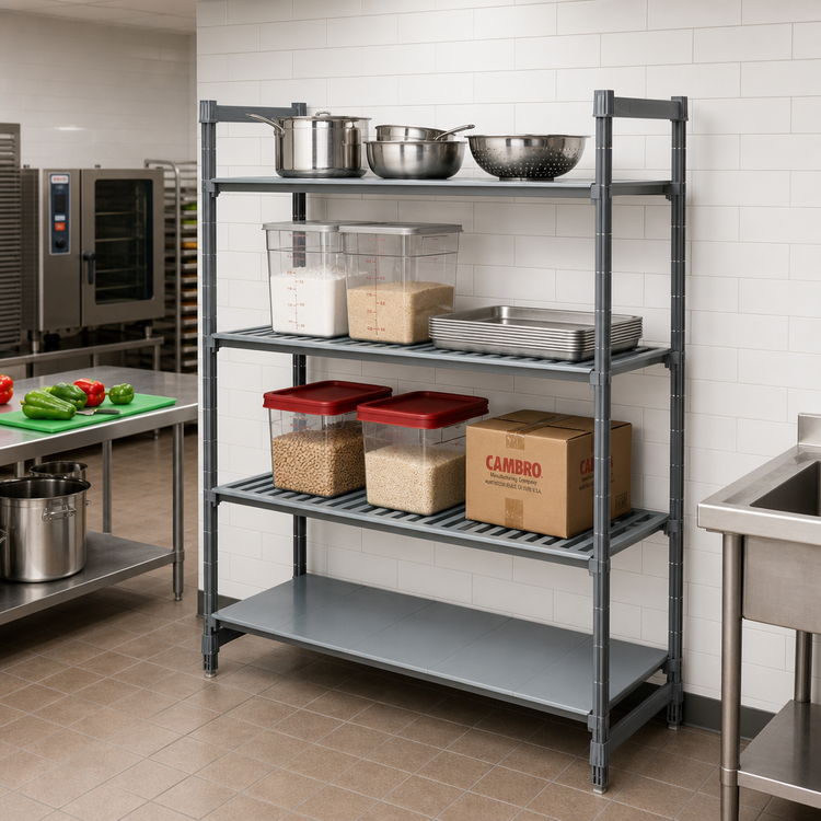 Product image #2 for Cambro Camshelving Basics Plus Add-On Polymer Shelving Unit, 24" x 60" x 72", 4-Tier, Vented and Solid, Brushed Graphite