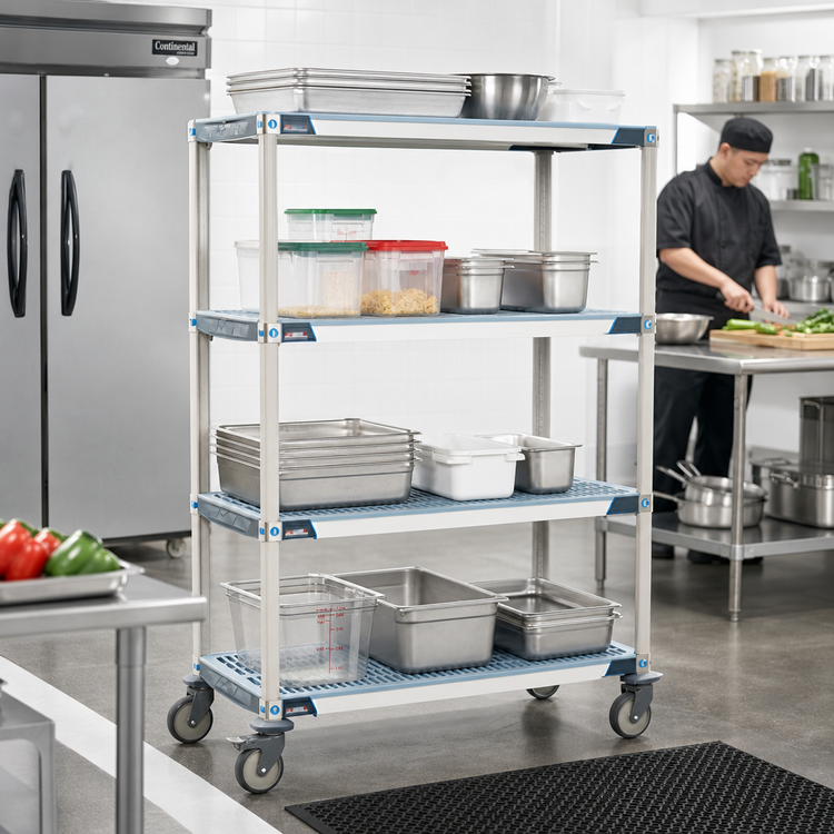 Product image #2 for MetroMax i 4-Tier Mobile Polymer Shelving Unit with Open-Grid Shelves, 36W x 18D x 69H, 900 lb. Capacity