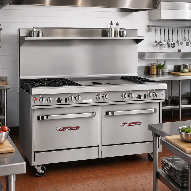 Product image #2 for Southbend Ultimate 60-Inch Gas Restaurant Range with 2 Open Burners, 48-Inch Griddle, Standard Oven, and Cabinet Base