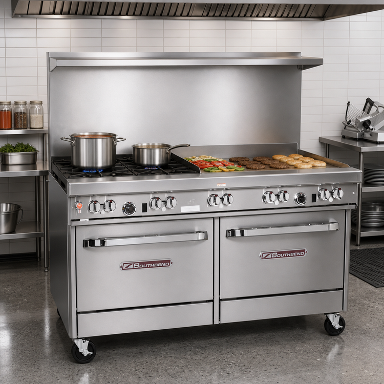 Product image #2 for Southbend Ultimate 60-Inch Gas Restaurant Range with 2 Open Burners, 48-Inch Griddle, Standard Oven, and Cabinet Base