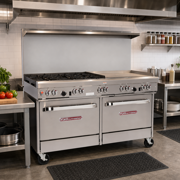 Product image #2 for Southbend Ultimate 60-Inch Gas Restaurant Range with 2 Open Burners, 48-Inch Griddle, Standard Oven, and Cabinet Base