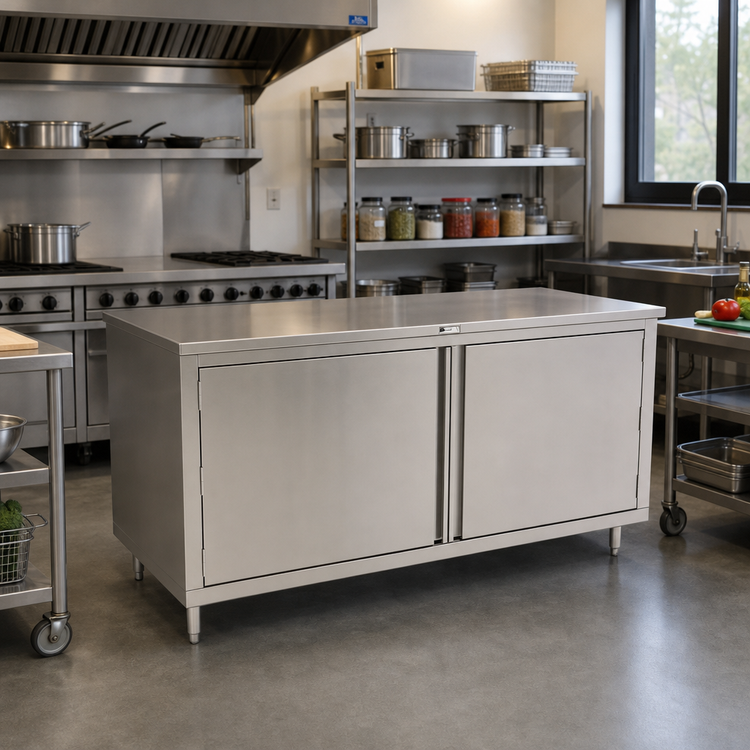 Product image #2 for John Boos 84-Inch x 30-Inch Stainless Steel Enclosed Work Table with Cabinet Base and Double Hinged Doors