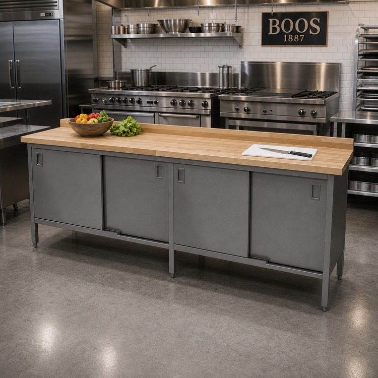 Product image #2 for John Boos 96-Inch x 24-Inch Wood Top Work Table with Cabinet Base and Sliding Doors, 1-3/4-Inch Maple Top