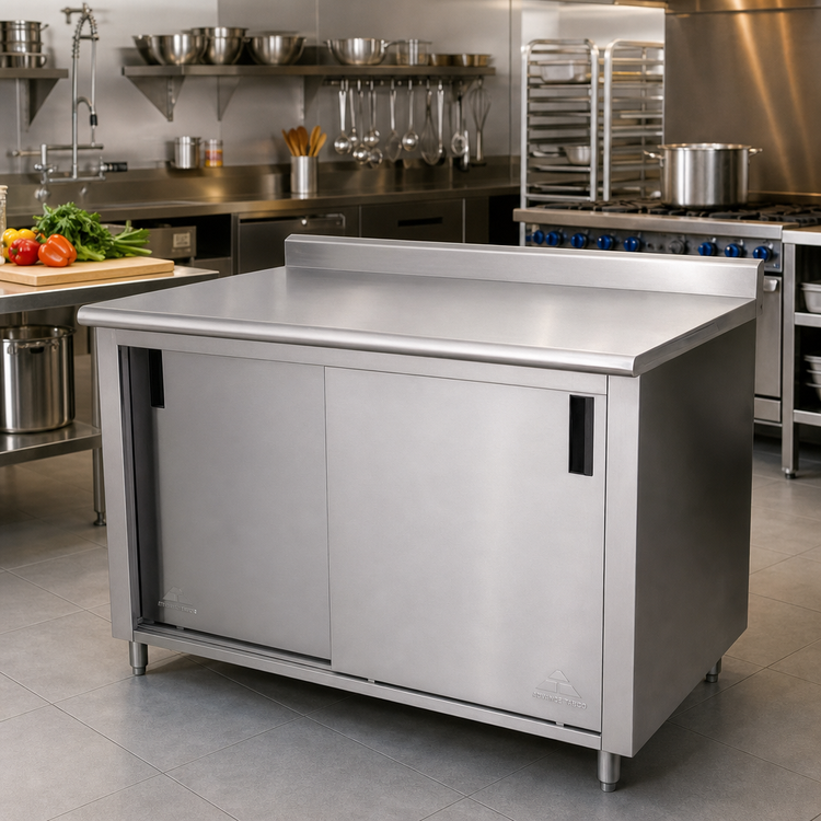 Product image #2 for Advance Tabco Enclosed Work Table with Cabinet Base, Mid-Shelf, and Sliding Doors, 60 x 30 Inches, 14 Gauge 304 Stainless Steel Top