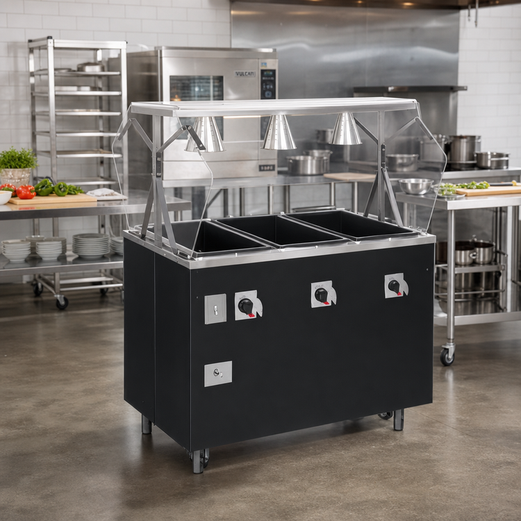 Product image #2 for Vollrath 2-Series Affordable Portable Deluxe 3-Well Mobile Hot Food Station with Buffet Style Breath Guard