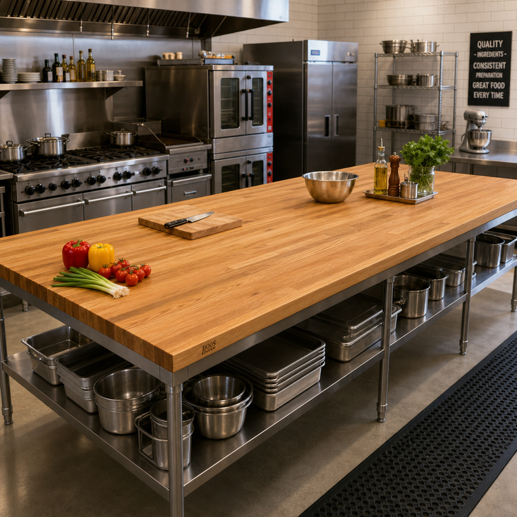 Product image #2 for John Boos Appalachian Red Oak Blended Edge Grain Island Countertop, 108 x 48 x 1-3/4 Inch, Varnique Finish