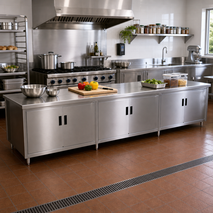 Product image #2 for Advance Tabco 144-Inch x 36-Inch Enclosed Work Table with Cabinet Base, Mid-Shelf and Hinged Doors