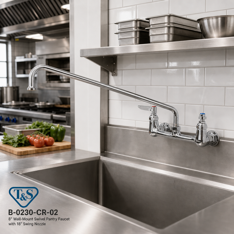 Product image #2 for T&S Brass B-0230-CR-02 8-Inch Wall-Mount Swivel Pantry Faucet with 18-Inch Swing Nozzle