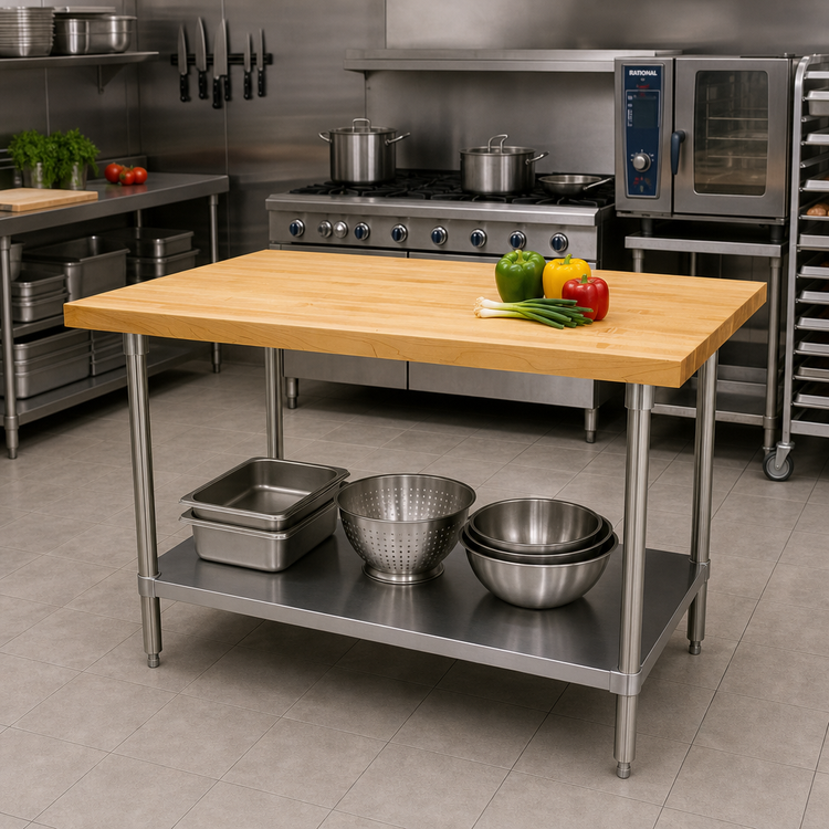 Product image #2 for Advance Tabco 48 Inch W x 36 Inch D Laminated Hard Maple Top Work Table with Adjustable Stainless Steel Undershelf