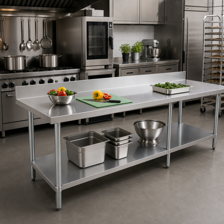 Product image #2 for Omcan Elite Series 84-Inch Stainless Steel Work Table with 4-Inch Backsplash and Undershelf