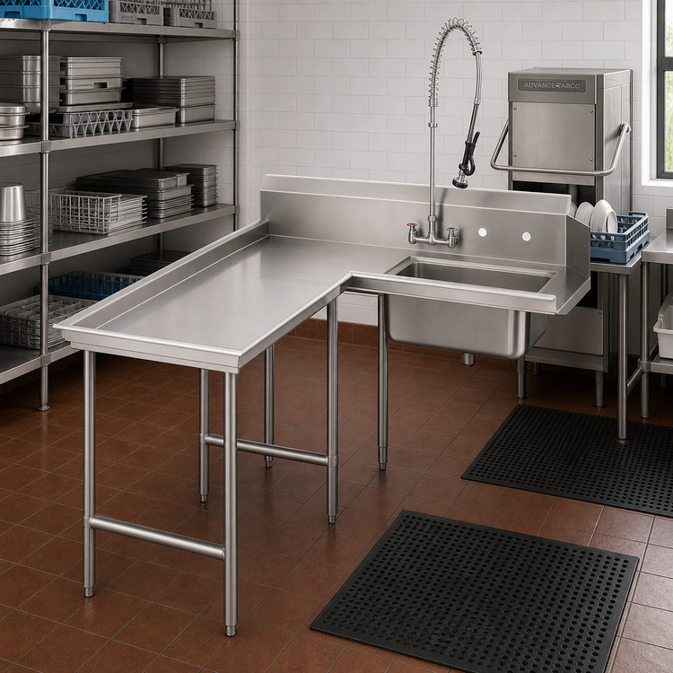 Product image #2 for Advance Tabco L-Shaped Island Soil Left-Side Dish Table with Pre-Rinse Sink, 59-Inch, 14 Gauge 304 Stainless Steel