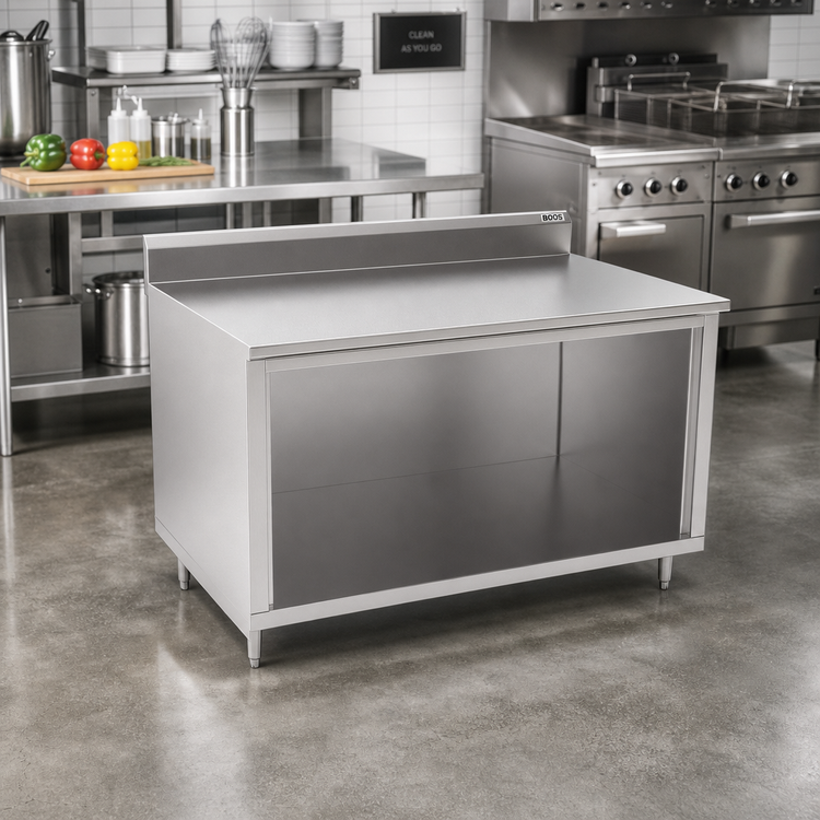 Product image #2 for John Boos 36" x 36" Open Front Stainless Steel Cabinet Base Work Table with 14-Gauge Top and 5" Backsplash