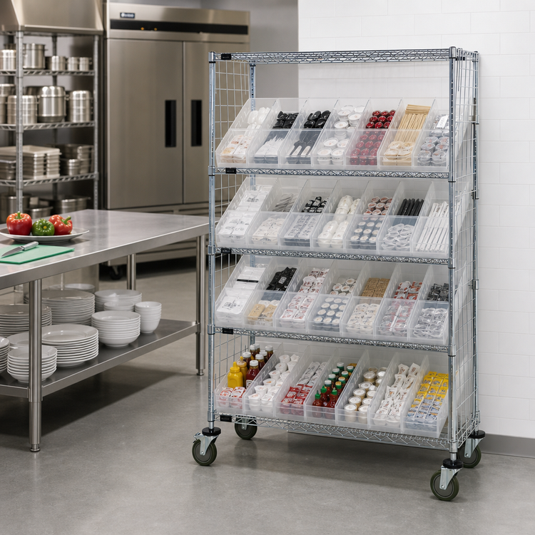 Product image #2 for Quantum Slanted Shelf Enclosure Cart with 28 Clear Bins, 48 in. W x 24 in. D x 69 in. H, Chrome Plated