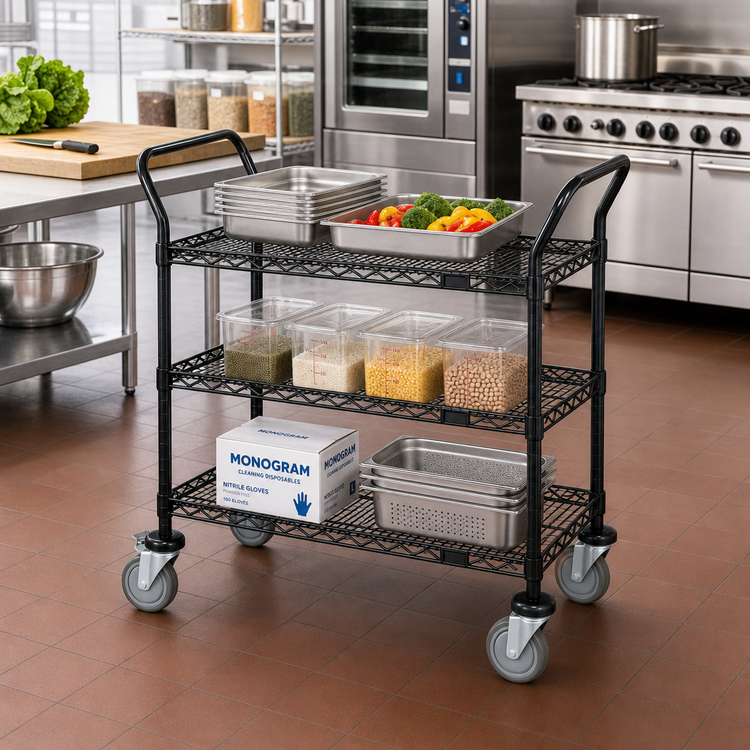 Product image #2 for Quantum 3-Shelf Wire Utility Bus Cart, 48 x 18 Inches, Black Epoxy Antimicrobial Finish