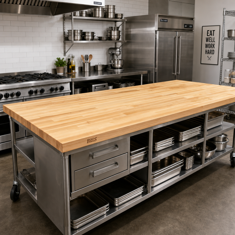 Product image #2 for Boos Block 84" x 36" Blended Rails Edge Grain Maple Kitchen Countertop, 1-1/2" Thick, Varnique Finish