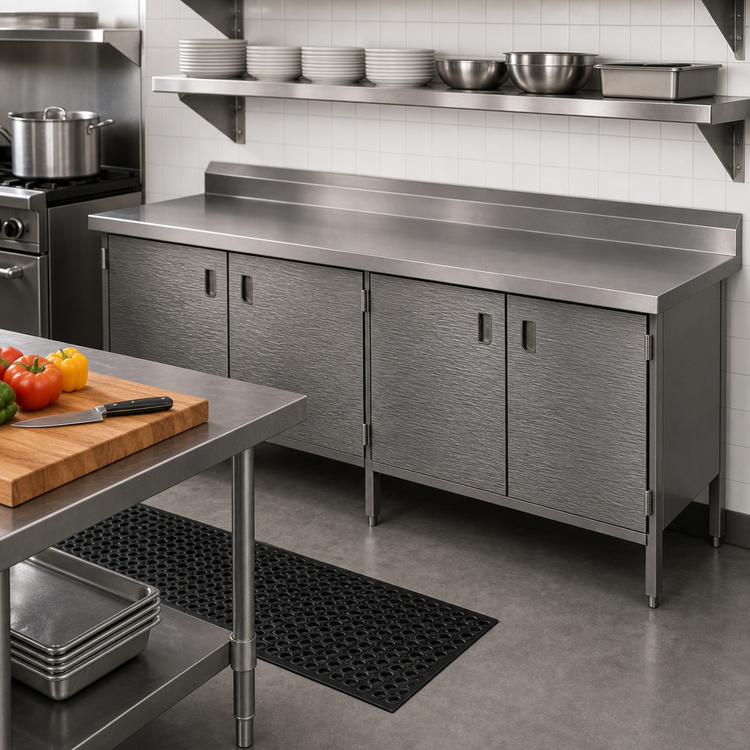 Product image #2 for John Boos Enclosed Base Work Table with Hinged Doors, 84 x 24 Inches, 16-Gauge Stainless Steel Top, 5-Inch Backsplash