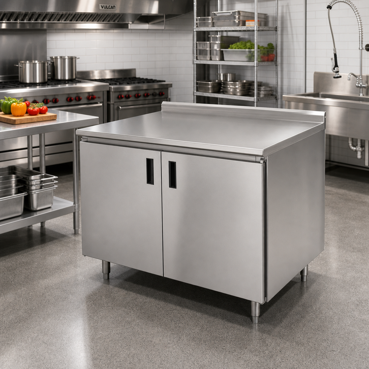 Product image #2 for Advance Tabco Enclosed Work Table with Cabinet Base, Mid-Shelf, Hinged Doors, 36 x 30 Inches, 14-Gauge 304 Stainless Steel Top