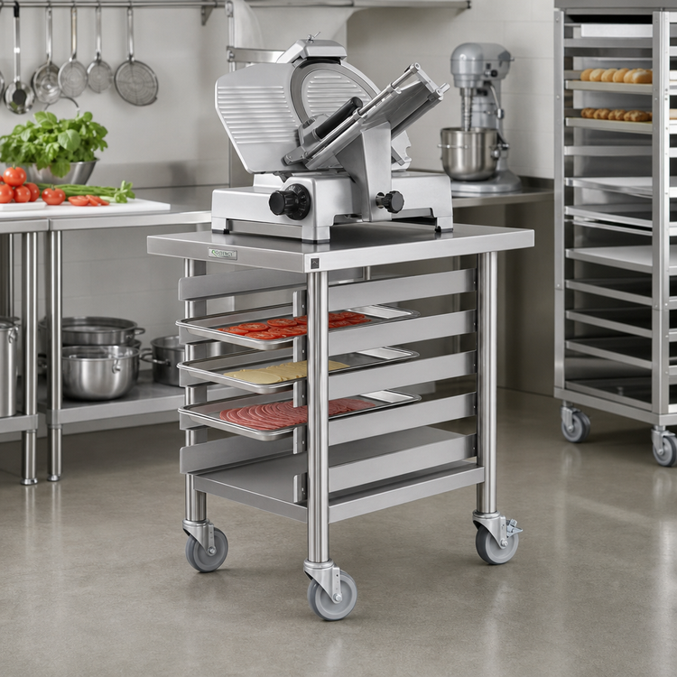 Product image #2 for Mobile Stainless Steel Slicer Stand with Pan Rack and Casters