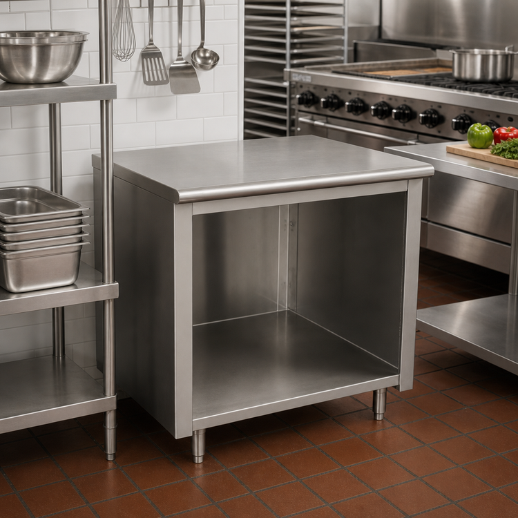 Product image #2 for Advance Tabco Special Value Series 48-Inch x 30-Inch 16-Gauge 304 Stainless Steel Flat Top Open Base Work Table