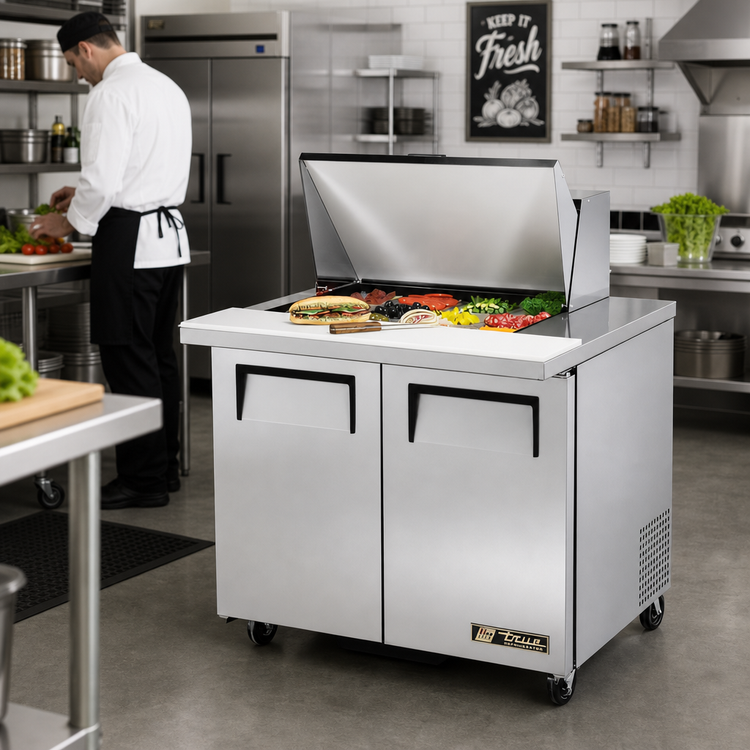 Product image #2 for True 36-Inch Mega Top 2-Door Sandwich/Salad Prep Table with 12-Pan Rail and Rear-Mounted Self-Contained Refrigeration