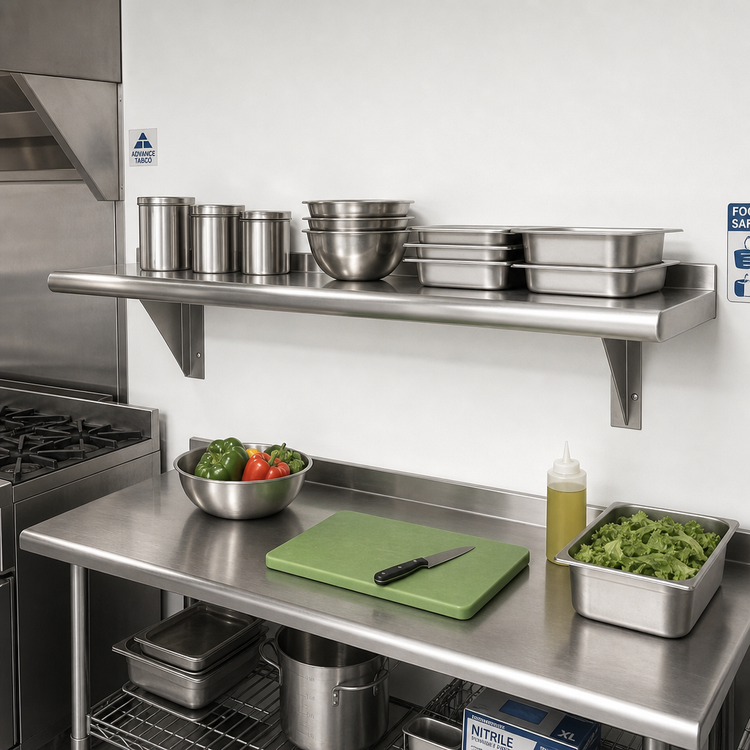 Product image #2 for Advance Tabco 120-Inch x 15-Inch Wall-Mounted 304 Stainless Steel Shelf with Bullnose Edge