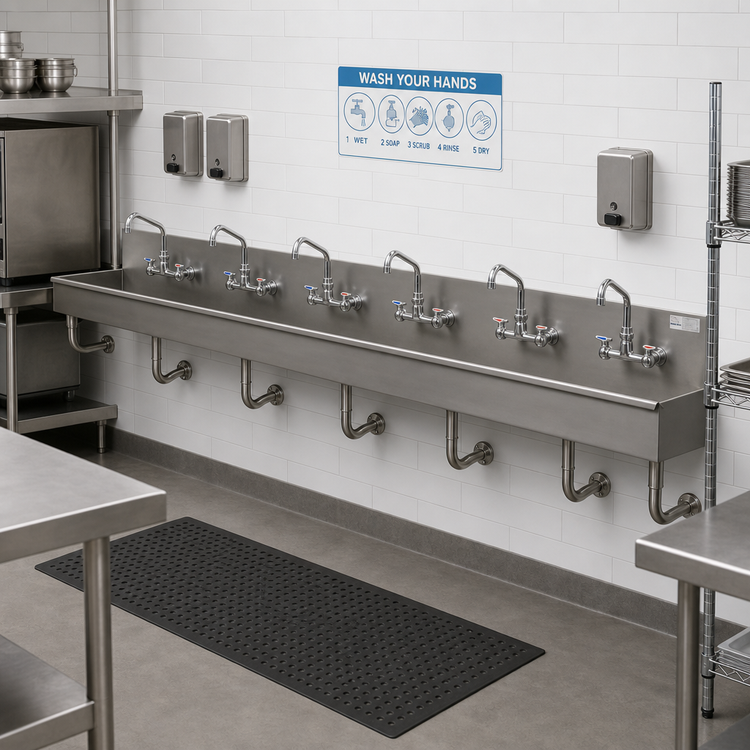 Product image #2 for Advance Tabco 6-Station Wall Mounted Multiwash Hand Sink, 120 Inch, 304 Stainless Steel, 8 Inch Bowl Depth